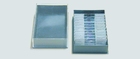 Plastic box for 25 microscope slides. Solid, pile up boxes with serrated retainer strips and